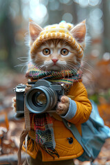 vertical image of Adventurous Kitty with Camera Ready for a Photo Shoot in the woods