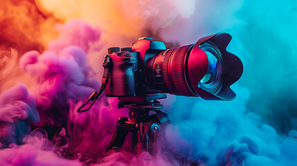 Professional DSLR Camera on Tripod on Mystical Colorful Smoky Vibrant Background