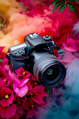 vertical image of professional digital Camera on smoky colorful and floral background