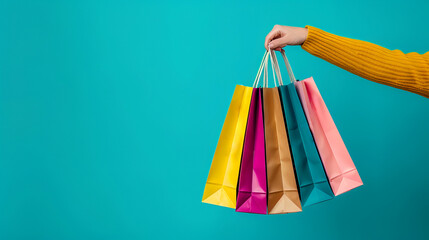 Hand Holding Colorful Shopping Bags Against Turquoise Background with copy space, Concept of Sales and Retail