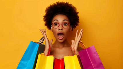 Shocked African American Woman Holding Colorful Bags on Yellow Sale Concept Background