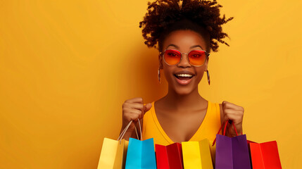 Happy African American Woman with red glasses and MultiColored Shopping Bags Enjoying Sales on Yellow Background