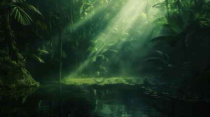 dark rainforest, where sun rays dance through the towering trees - obrazy, fototapety, plakaty