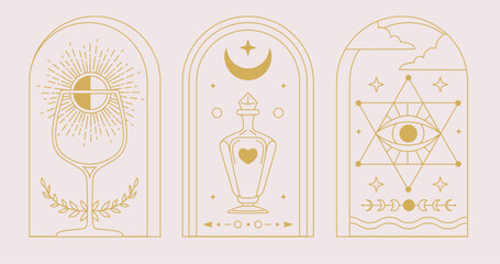 Set of Modern magic witchcraft cards with wine glass, all seeing eye and bottle. Line art occult vector illustration