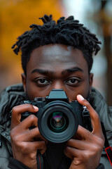 vertical image of African American Male Photographer holding Camera Taking Pictures