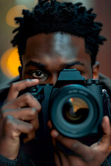 vertical close up photo of Focused black man Photographer holding DSLR Camera Taking Pictures