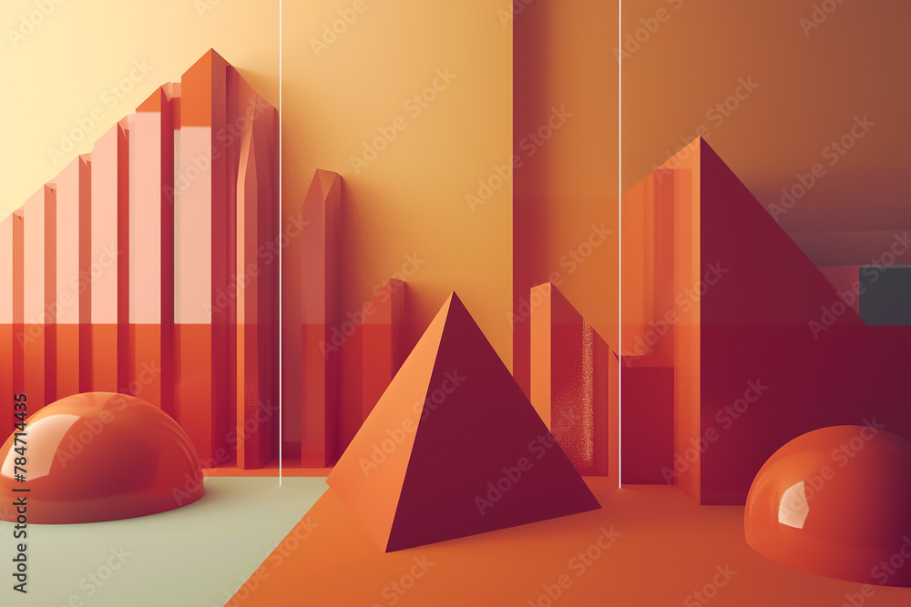 Poster geometric abstraction with a warm color scheme. the shapes are pyramids and cylinders