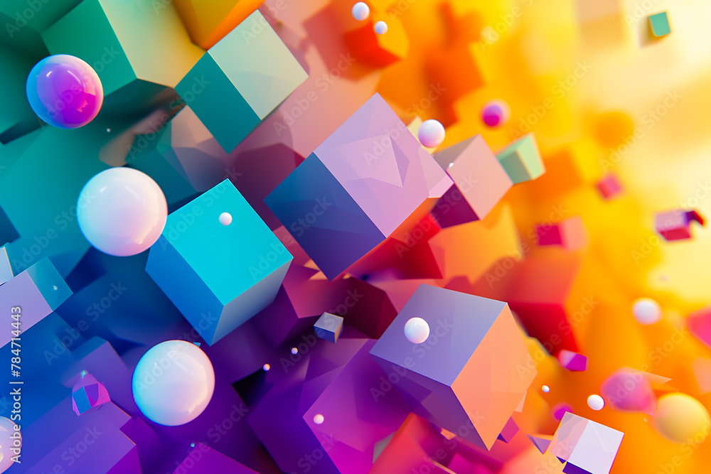 Poster geometric abstraction with a rainbow color scheme. the shapes are cubes and spheres