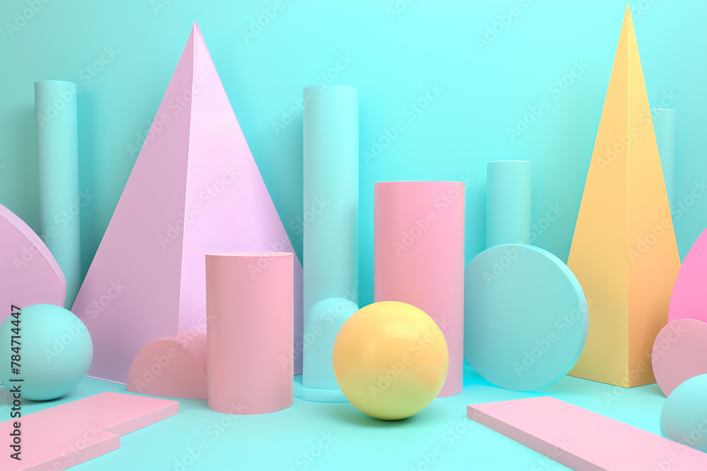 Poster geometric abstraction with a pastel color scheme. the shapes are cylinders and cones