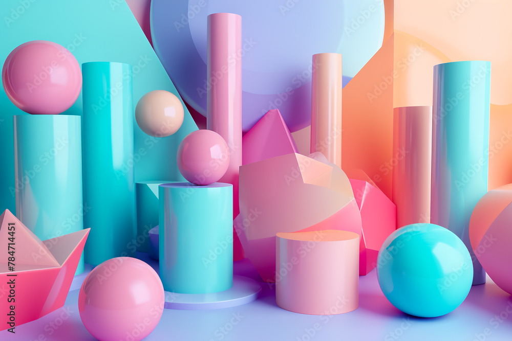 Aufkleber geometric abstraction with a pastel color scheme. the shapes are cylinders and cones