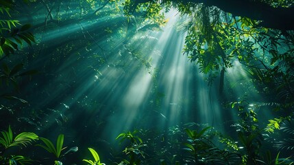 dark rainforest, where sun rays dance through the towering trees