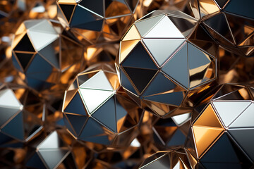 geometric abstraction with a metallic color scheme. The shapes are dodecahedrons and icosahedrons