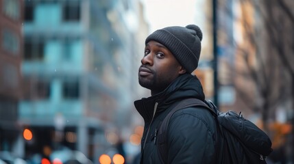 An African-American man, standing resolute and strong, graces the foreground of a cityscape dominated by towering skyscrapers.