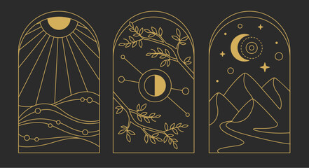 Set of Modern magic witchcraft cards with sun, moon, mountains and ocean. Line art occult vector illustration - 784714858