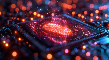 A holographic fingerprint scanner projecting a protective shield around encrypted data, highlighting advanced cyber security measures