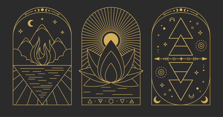 Set of Modern magic witchcraft cards with Four elements and lotus. Line art occult vector illustration - 784714887