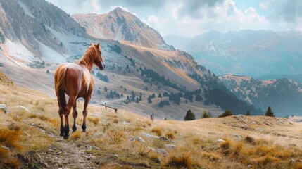Fototapeta na wymiar wild horse along a mountain on a sunny day. generative ai