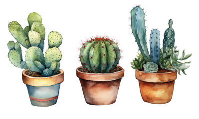 Stickers of watercolor cacti in terracotta pots isolated on transparent background.