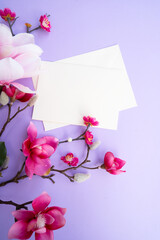 Blooming pink magnolia tree branch with flowers against violet background, copy space