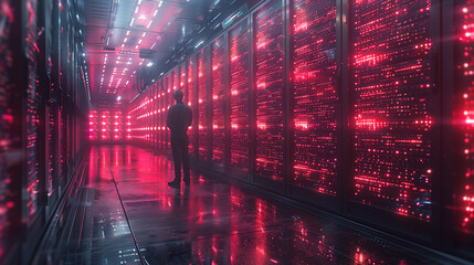 A futuristic server room bustling with activity as digital architects discuss network optimizations and security protocols