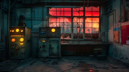 An eerie yet captivating image of an abandoned radio station at twilight, with vibrant furnaces casting a bright red and cyber yellow glow in the background
