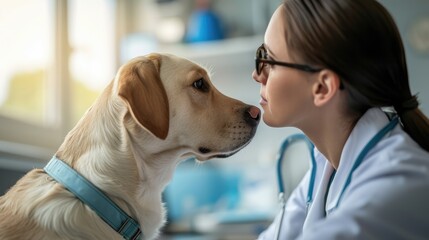 A moment frozen in time: a female vet, her eyes focused, carefully examines a golden retriever.