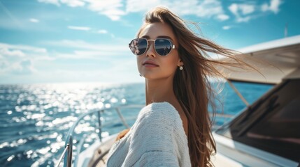 The alluring girl takes pleasure in the opulent tranquility of a luxury yacht, a radiant symbol of relaxation amidst the open sea.