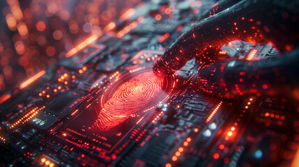 A futuristic lock interface with biometric recognition scanning a fingerprint in a neon-lit cyber environment