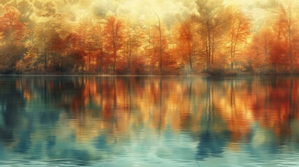 A tranquil lakescape aglow with iridescent light, reflecting shades of Vermilion, Celadon, Medium Champagne, and Honey Yellow, creating a serene and wondrous scene. - obrazy, fototapety, plakaty
