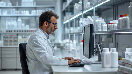 Male Research Scientist working at Computer in Modern Laboratory