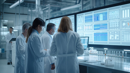 Modern Research Team Analyzing Data in a High-Tech Laboratory