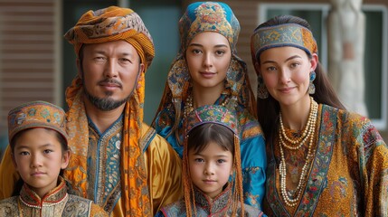 A family in bright national clothes — man, women, children — demonstrates ethnic beauty