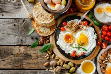 Obraz na płótnie Canvas English breakfast. Eggs, olives, fresh vegetables, nuts, dried fruits and honey. View from above. place for text. On a wooden background, generative ai