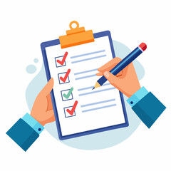 Checklist on clipboard. Hands ticking, marking checkmark on paper check-list. Filling questionnaire, survey form, document, choosing option.