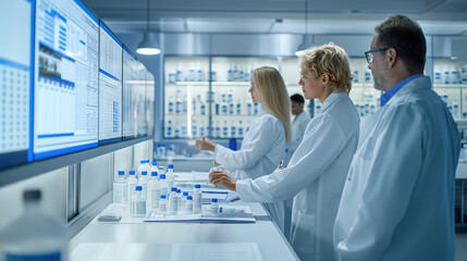 Obraz premium Pharmaceutical Professionals Analyzing Data on Large Screens in Modern Laboratory