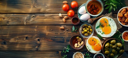 English breakfast. Eggs, olives, fresh vegetables, nuts, dried fruits and honey. View from above. place for text. On a wooden background, generative ai - obrazy, fototapety, plakaty