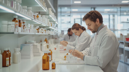 Professional Pharmacists Organizing Medication in Modern Pharmacy