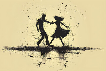 A lively and colorful cartoon illustration of a dancing man and woman casting their shadows on the dance floor.
