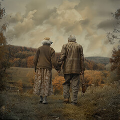 An elderly couple holds hands as they walk through a peaceful meadow, their footsteps echoing the distant memories of battles fought long ago, enduring scars of war on the human soul. 