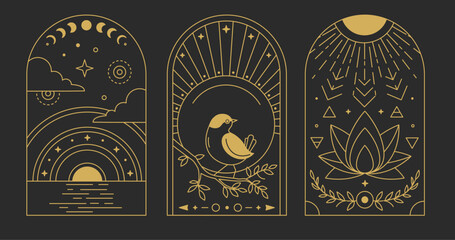Set of Modern magic witchcraft cards with bird, sun, moon and lotus. Line art occult vector illustration