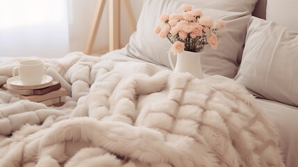 Fluffy quilts and warm blankets for additional comfort on chilly days. In the spirit of hygge.