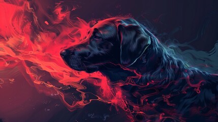 A dreamy Labrador Retriever floating in abstract dark blue and red patterns, creating a surreal and gentle narrative. - obrazy, fototapety, plakaty
