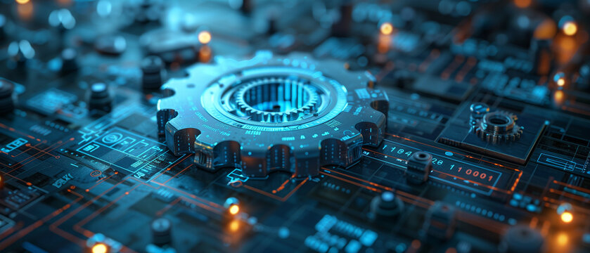 A blueprint-themed background with binary code overlay, featuring a gear icon symbolizing planning and automation