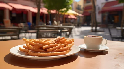 Fotobehang Churros, a conventional dessert with Mexican or Spanish heritage, are displayed on a plate positioned on a table at a street cafe. generative AI © masanyanka