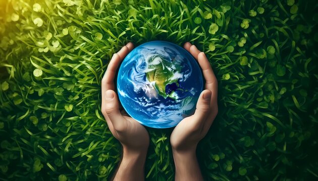 Hands holding the earth with grass background concept of save the earth in earth day celebration 