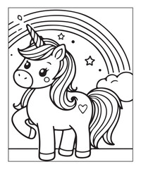 Fototapeta premium Cute unicorn with rainbow. black and white vector illustration for coloring book, Generative AI