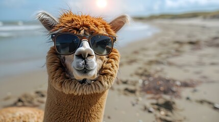 Obraz premium Cool Alpaca Chills on Sandy Shore. Concept Cute Animals, Beach Relaxation, Nature Photography
