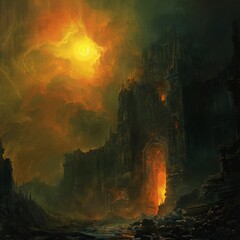In a forgotten city at dusk, a demon emerges from a shimmering portal, colors shifting from black to yellow, casting eerie shadows on twisted ruins.