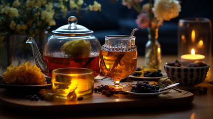 Evening tea with beautiful kitchenware. In the style of hygge