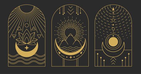 Set of Modern magic witchcraft cards with Four elements and lotus. Line art occult vector illustration - 784716674